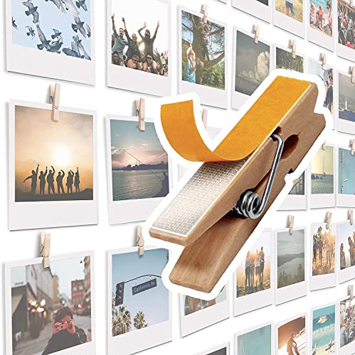 Paquete de 20 Clips autoadhesivos para Fotos, Marcos de Fotos, Soportes para Fotos con Clip de Madera Beige para Pared, Colgador de Carteles, tableros de exhibición y tableros de Fotos