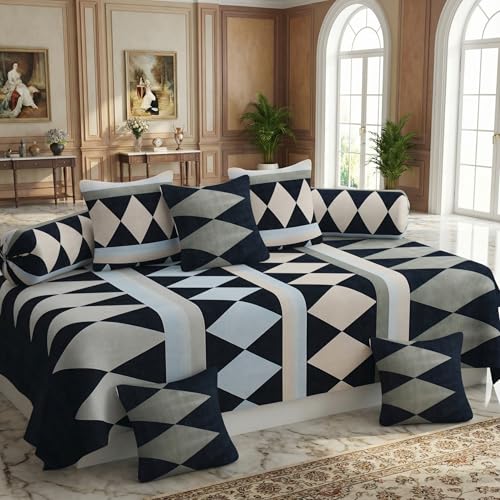 Image of Diwan Bedsheet Set of 8 Pieces with 1 Single Bedsheet, 2 Bolster Cover, 5 Cushion Covers | 100% Microfiber for Living Room Dining Hall
