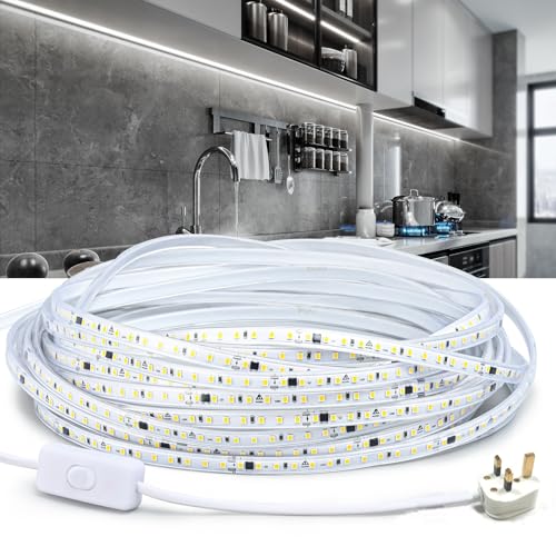 SUNBEYOND LED Strip Lights 25m,220V Flexible Outdoor Lighting Waterproof Led Tape Ribbon Adhesive,White 6000K 25meters for Bedroom,Kitchen,Garden,Home Room Decoration,Indoor Lamp with Switch