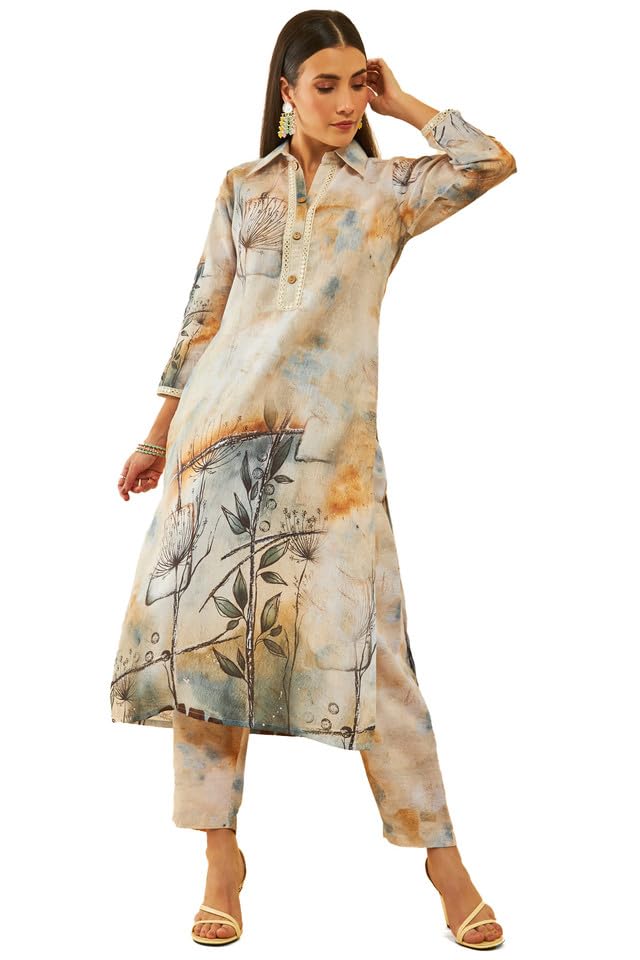 soch Womens Beige Poly Linen Abstract Print Co-Ord Set with Faux Mirror-picture-37