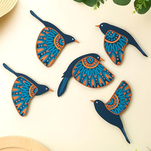 Image of GiftOday Wooden 3D 5 Pieces Birds for Wall Art Panel | Wood Bird Folk Art Wall Hanging Art Decoration Item for Living Room, Bedroom, Drawing Room, Dining Room & Office (Navy Blue) Pack of 1
