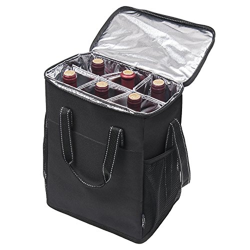 6 Bottle Wine Carrier - Insulated & Padded Wine Carrying Cooler Tote Bag