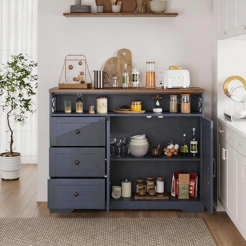 Image of 47 inch Blue Farmhouse Storage Cabinet with Barn Doors and Drawers, Sideboard | Buffet Cabinet with Storage, Kitchen Pantry Hutch, Coffee Bar Station Table for Kitchen, Living, Dining Room