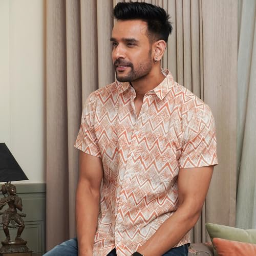 Image of Peach Chevron Printed Cotton Casual Shirt for Men | Half Sleeve | Regular Collar | Regular Fit