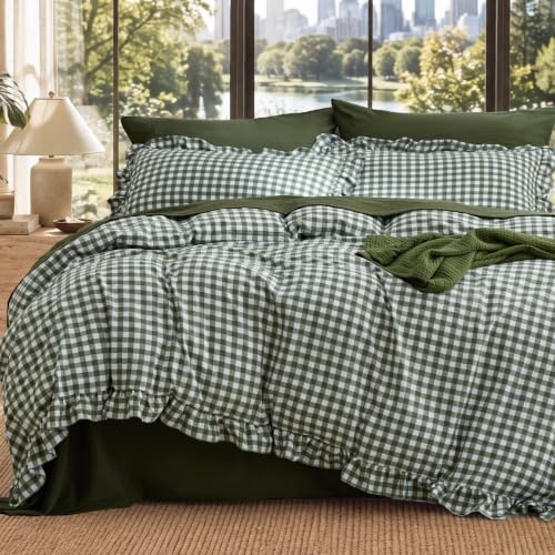 Image of Bedsure Gingham Ruffle Duvet Cover Set, Queen, Cotton-Like Bed, Olive Green