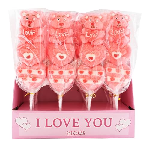 SIDRAL -16 Pinchos Ositos y Corazones Marshmallow Sabor Fresa (45 g) – Piruletas, Chuches San Valentín, Kit de Chuches Sin Gluten, Regalos Parejas - Celebraciones