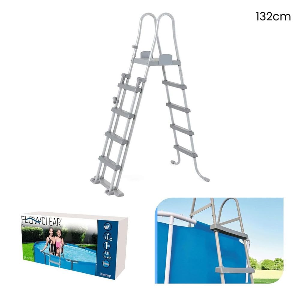 Trade Shop - Scaletta di Sicurezza per Piscine 132cm con Gradini in Plastica Telaio in Metallo 58332 -