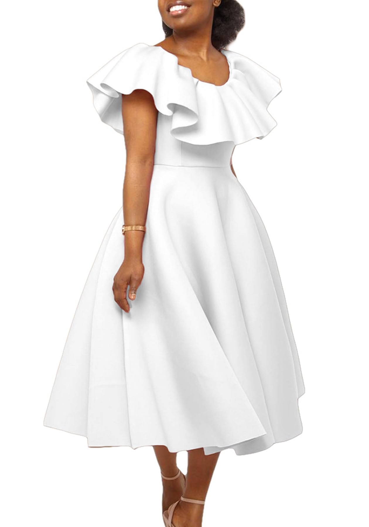 Tcremisa Abito da donna elegante con volant per banchetto, estivo, spalle scoperte, plissettato, linea A, abito da sera per feste e balli