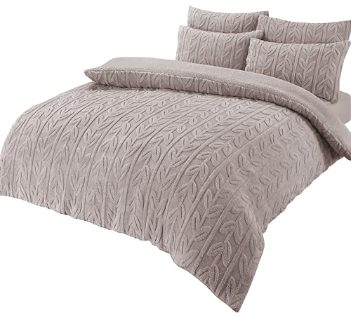 Olivia Rocco Leaf Teddy Fleece Duvet Cover Set Easy Care Quilt Bedding Sets with Pillow Case Thermal Warm Cosy Super Soft Fluffy Comforter Bed linens