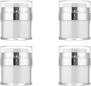 LALOCAPEYO 4Pack Empty Airless Pump Jar Portable Refillable Travel Size Cream Jar Vacuum Bottle Lotion Jar with Pump Lid for Skincare Cream, White, Vacuum with Lid Can Refill Cosmetics Containers Clean and Hygienic Pump Jars Air Pump Jars Bottle Container Lotion Makeup Container Acrylic Makeup Cosmetic Jar Travel Lotion (15ml)