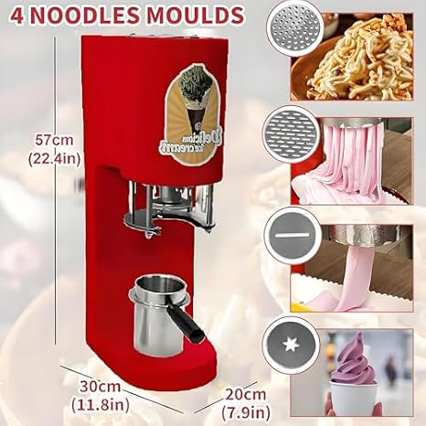 Spaghetti Ice Cream Maker - 80W Gelato Machine with 4 Noodle Shapes for Desserts & Gelato Shops - Versatile Ice Cream Press, Fun Kitchen Gadget, Yellow