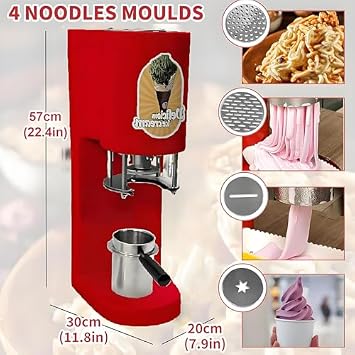 Spaghetti Ice Cream Maker - 80W Gelato Machine with 4 Noodle Shapes for Desserts & Gelato Shops - Versatile Ice Cream Press, Fun Kitchen Gadget, Yellow