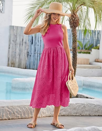 Image of GRACE KARIN Women's Summer Sleeveless Tank Dress A Line Midi Dress Eyelet Crewneck Casual Holiday Dress with Pockets