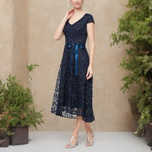 Image of Alex Evenings Women's Tea Length Dress with Rosette Detail (Petite and Regular)