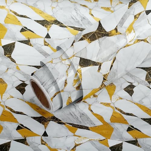 Image of Self Adhesive Marble Wallpaper Kitchen Oil Proof & Waterproof Wallpaper for Cabinet Makeover, Almirah, Plastic & Tabletop, Wardrobe (60x200cm) (New White Gold Blocks)