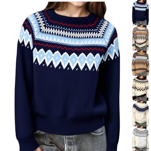 Girls Fair Isle Pullover Sweaters Long Sleeve Crewneck Knit Sweater Casual Loose Chunky Top School Jumper Fall Winter Clothes