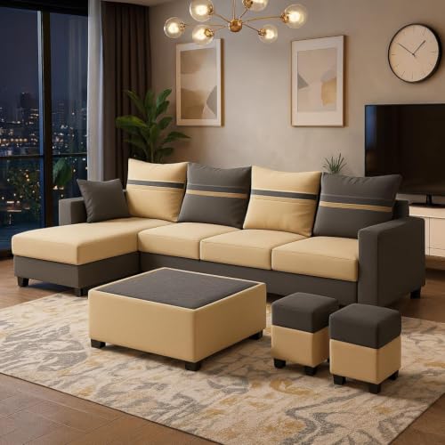 Image of CASASTYLE Wallis 8 Seater Fabric LHS L Shape Sofa Set with 1 Centre Table & 2 Puffy (Cream- Dark Grey) Velvet Finish | Comfortable Sofa for Living Room