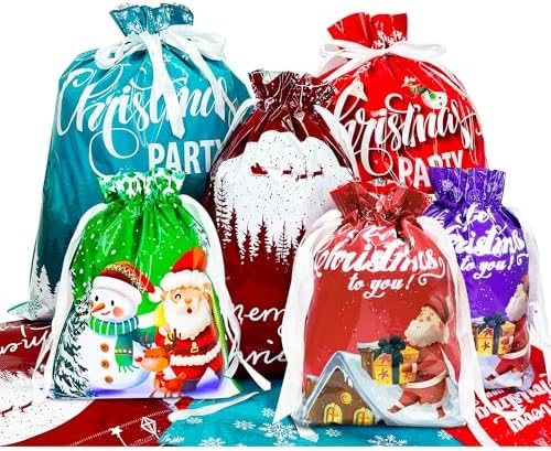 Yunaeduo Drawstring Christmas Gift Bags -30PCS Christmas Bags Assorted Sizes for Presents - Plastic Wrapping Bags Bulk - Xmas Gift Bags, 6 Designs Large/Medium/Small Sizes