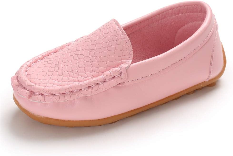 E-FAK Toddler Boys Girls Loafer Shoes Soft Synthetic Leather Slip On Moccasin Flat Boat Dress Shoes(Toddler/Little Kid/Big Kid)(6.5 Toddler,Pink)