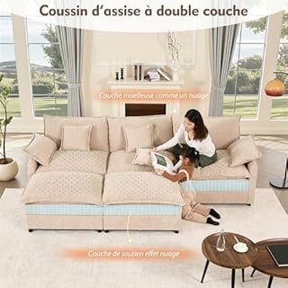Litbird Canapé d’Angle Modulable en U 274 cm – 3 Places avec Repose-Pieds Amovible – Canapé Profond pour Salon, Meuble de Salon Moderne (Marron Clair)