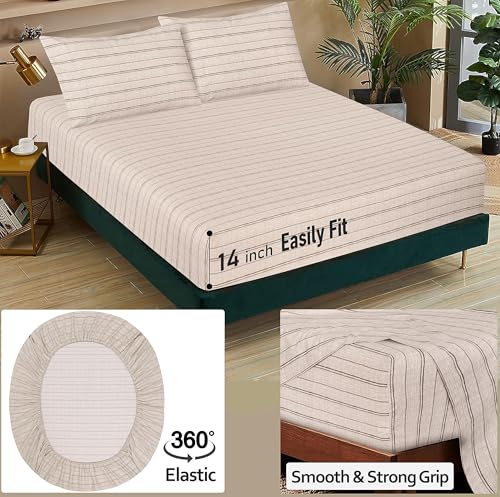 RUVANTI 100% Cotton Full Size Bed Sheets, 4 Pieces, Soft & Breathable Percale Weave Bedding, Deep Pocket 16", Hotel Standard, Crisp Cool Feel, Durable, Perfect Sheet Set Striped, Brown Stripes