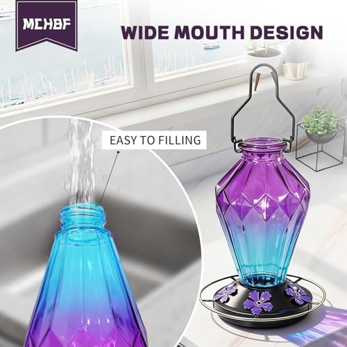 Image of 2 Pack Glass Hummingbird Feeder for Outdoors Hanging, 25Oz Humming Bird Nectar Feeder, Perch, 5 Flower Feeding Ports, Leak Proof Base, Hook for Outside Garden Backyard, Diamond Purple