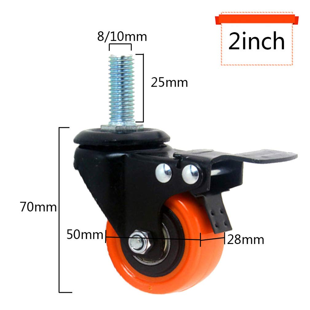 Roulettes de meuble en polyuréthane avec frein de 1,5/2 po (lot de 4), for tiges filetées M8/M10, capacité de charge 120 kg(50mm M10 4 With Brake)