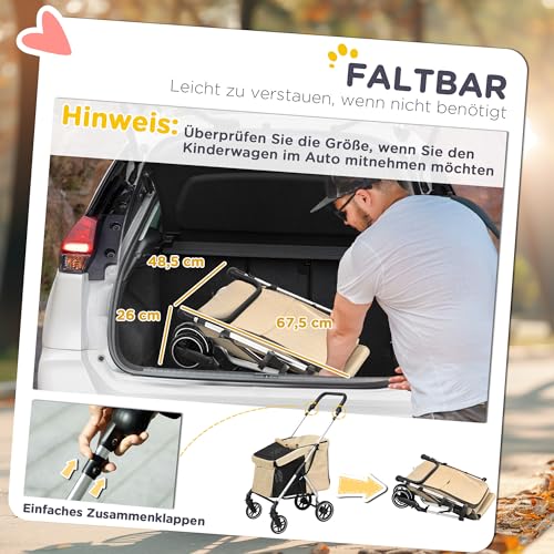 PawHut Hundewagen leicht Hundebuggy aus Aluminium klappbar für Hunde & Katzen Katzenbuggy mit Kissen Netzfenstern Türen Aufbewahrungskorb Katzenwagen Mini-Hundewagen für kleine Hunde Khaki