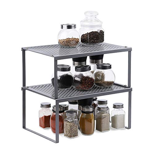 2-Pack Kitchen Bathroom Cabinet and Counter Shelf Organizer Stackable Expandable Storage Rack Spice Rack, 12.7'' L x 9'' W x 6'' H, Sliver