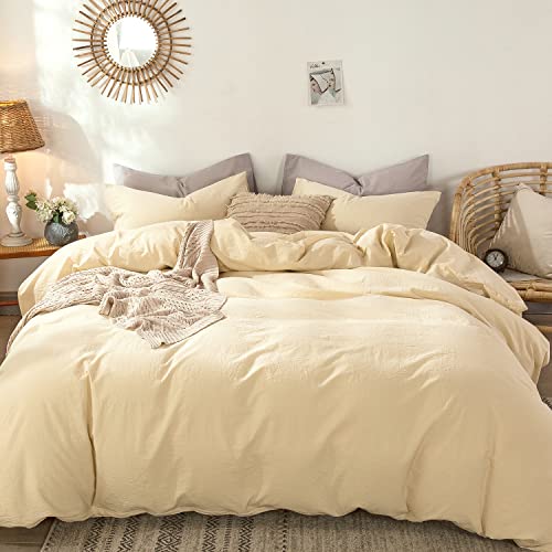 Image of MooMee Duvet Cover Set 100% Washed Cotton Linen Like Queen | Relaxed Linen-like Texture. Soft, Breathable & Long-lasting Comfort. Lightweight. Hidden Zipper with 8 Interior Corner Ties