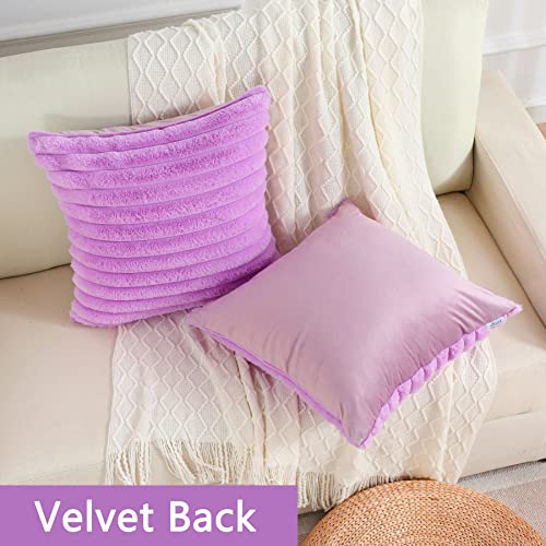 FUTEI Purple Striped Decorative Throw Pillow Covers 24x24 Inch Set of 2,Square Fall Decorations Couch Euro Pillow Case,Soft Cozy Faux Rabbit Fur & Velvet Back,Modern Home Decor for Bed