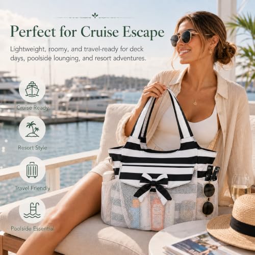 Image of LEDAOU Large Beach Bag Women Waterproof Sandproof Zipper Beach Tote Pool Bag for Swim Gym Grocery Travel with Wet Pocket