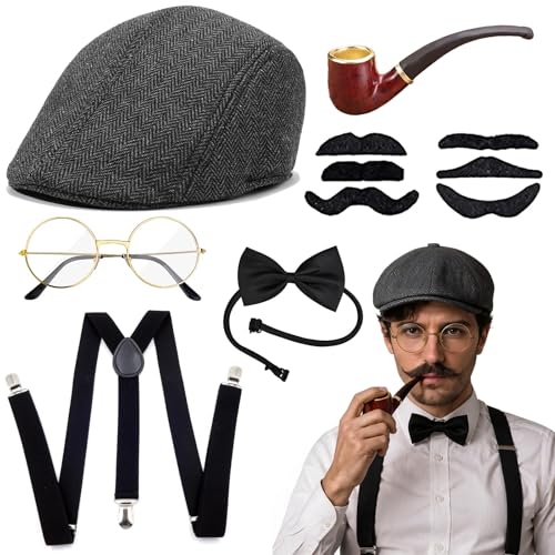 yolzhxe 11 peças 1920s acessórios homem set, retro disfarce Peaky Blinders, disfarce anos 20 homem com óculos, pipa, barba, chapéu, gravata-borboleta, alças para carnaval, Halloween