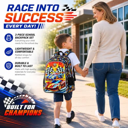 Image of HPJGD 3PCS Car Backpack for Boys, Water Resistant Kids Bookbag Set with Lunch Box, Cute School Bag for Preschool Toddler