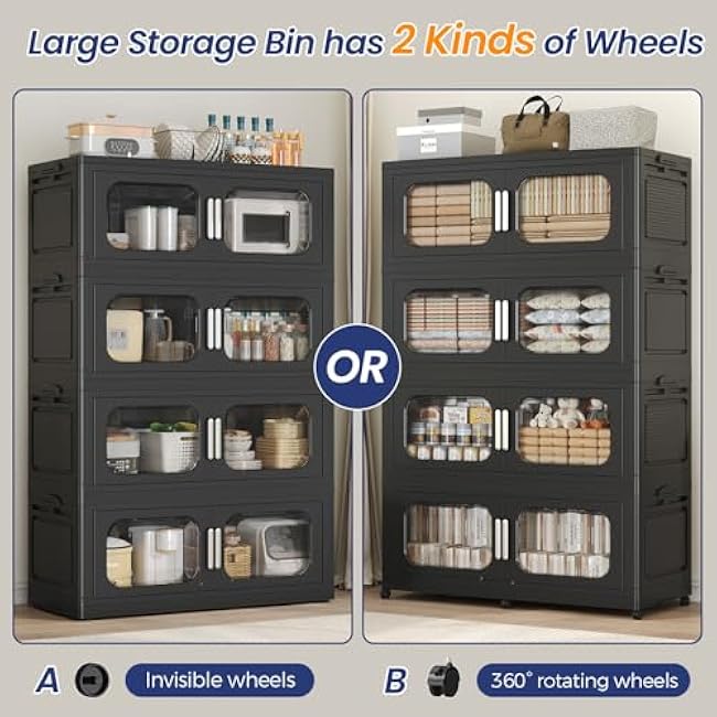 150GAL Extra Large Storage Bins with Lid, 600QT Stackable Storage Bins with Wheels, Collapsible Closet Organizer and Storage, Folding Plastic Storage Cabinet for Home Office Dorm,3Pack Black