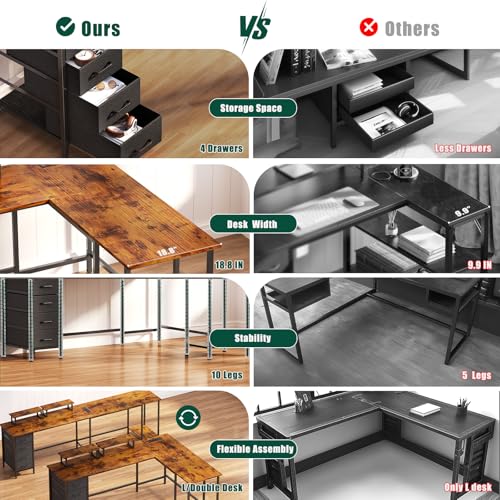 66" L Shaped Computer Desk with Power Outlets, Home Office Desk with 4 Adjustable Storage Drawers & 2 Monitor Stands, Large Two Person Gaming Table for Writing Study, Rustic Brown