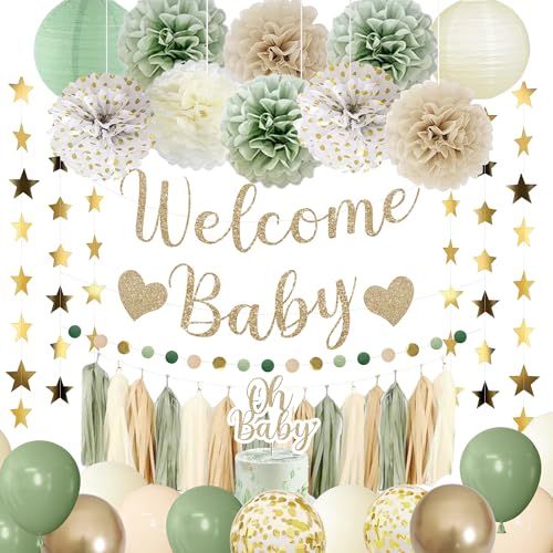 Amandir Baby Shower Decorations Sage Green Balloons Welcome Baby Banner, Cake Topper, Paper Lanterns, Pom Poms Flowers Tassels, Circle Dots Star Garland, Neutral Gender Reveal Birthday Party Supplies
