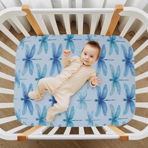 Image of Crib Sheet Breathable Soft Crib Mattress Sheet for Baby Toddler Boys Girls Fitted Pack n Play Crib Sheet Fit Standard Crib Mattress 39 x 27 Inch Blue Dragonflies