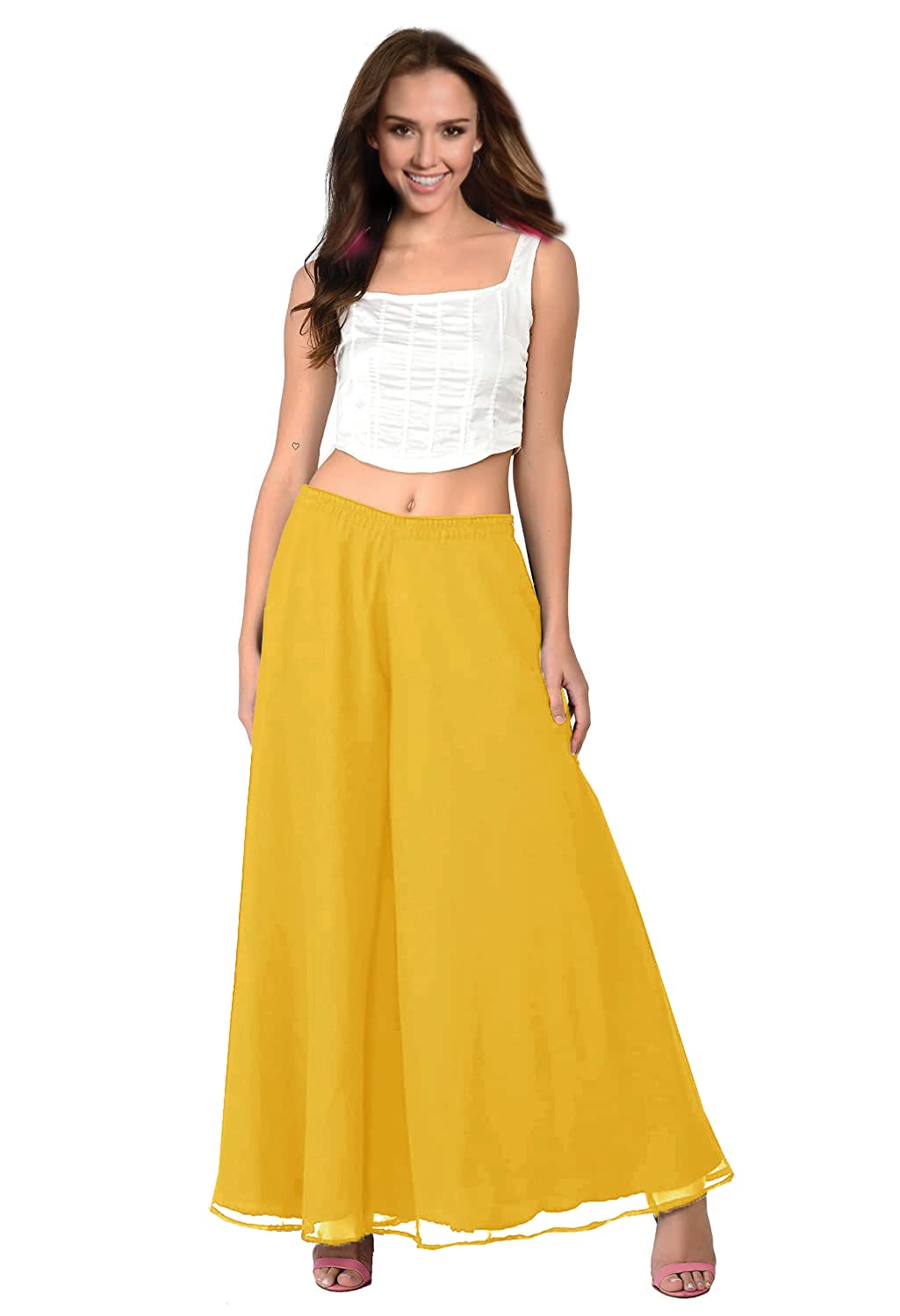 kvish Umbrella Flared Relaxed Fit Stylish Solid Georgette Palazzo or Bottoms for Women's and Girls UMPL-Yellow-XXL-picture-52