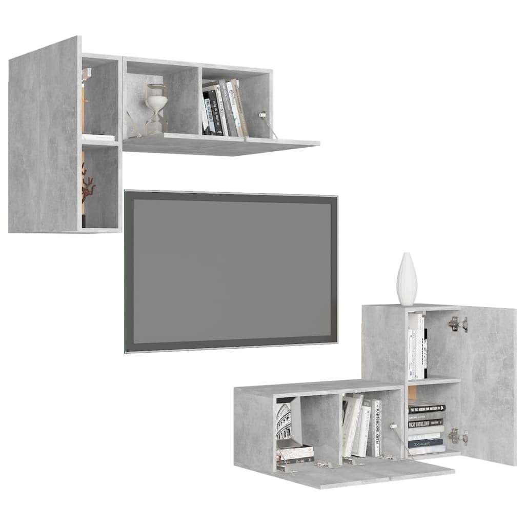 4-TLG. Hängendes TV-Schrank-Set, Betongrau Holzwerkstoff, Modernes Media-Center mit Stauraum, Wandmontage für Wohnzimmer, 30x30x60cm & 60x30x30cm