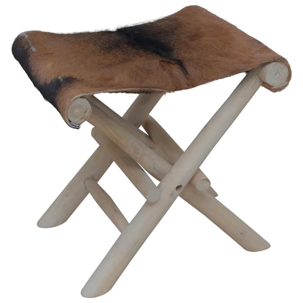 Taburete plegable de piel de cabra con madera maciza de teca, plegable y ahorra espacio, asiento para cocina, comedor, balcón, jardín, camping, portátil y ligero, cómodo taburete para invitados