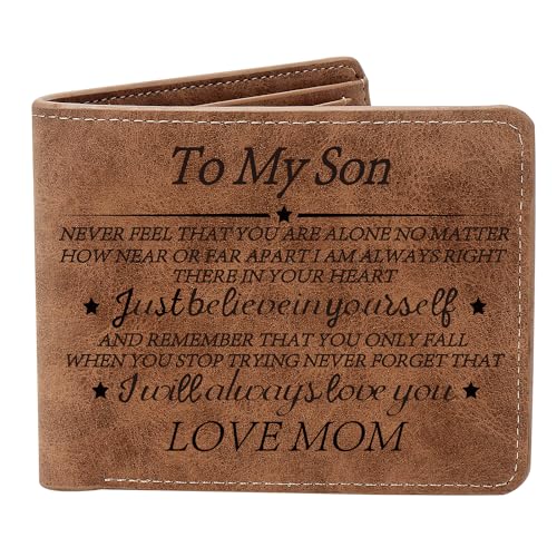 THTCSQ To My Son Gifts Leather Wallet for Men Engraved Personalized Leather Wallet Birthday Christmas Gifts for Son from Mom Dad Inspirational Gifts for Boy (Never Feel Son from Mom)