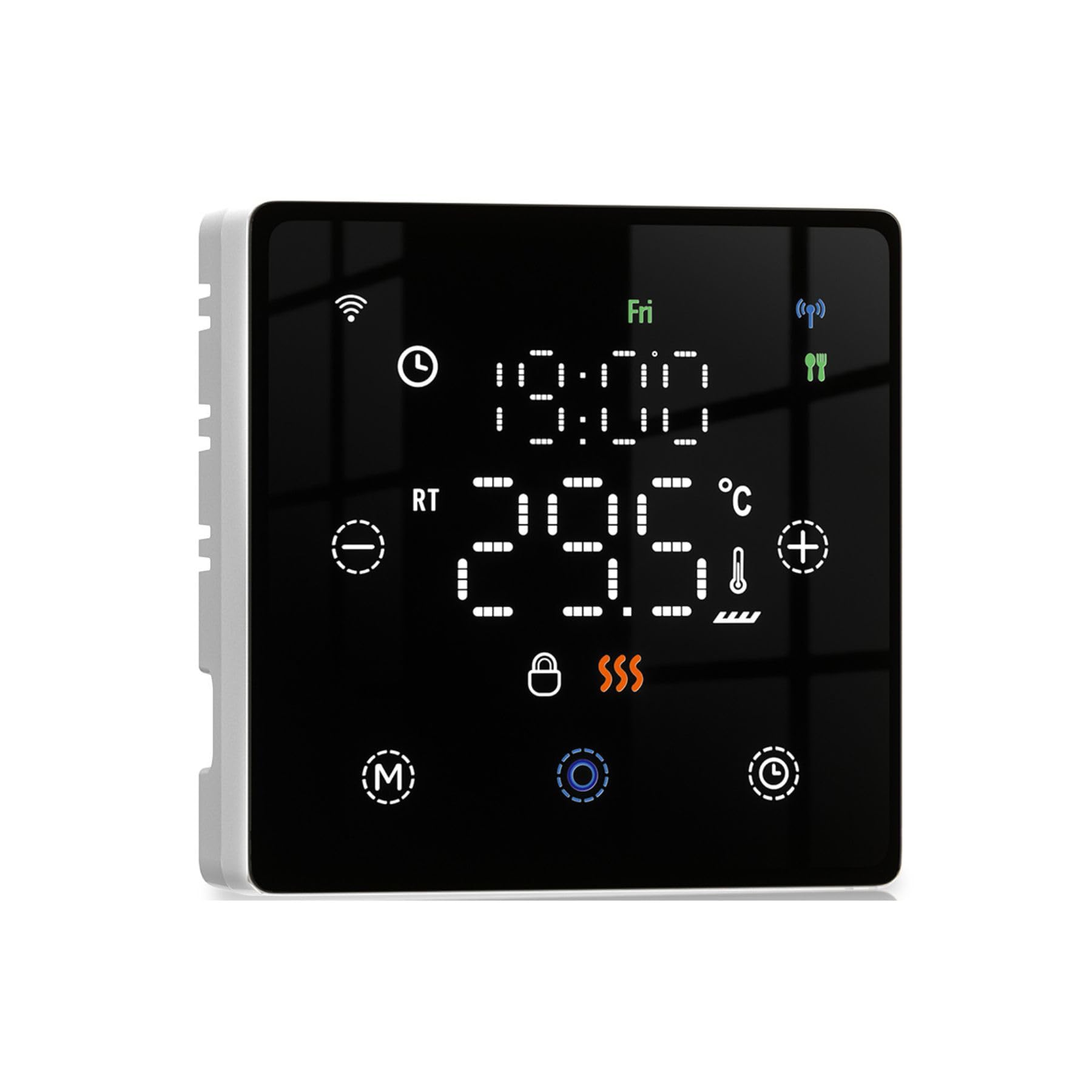 Battery Operated WiFi Thermostat Black Smart Gas Boiler Touch Screen 86x86mm Compatible with TUYA Smart Life Wall or Flush Mount Box 502 Weekly Schedule