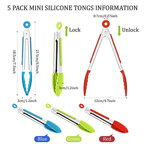 7 Inch Silicone Tongs Mini Kitchen Tongs with Silicone Tips Small Serving Tongs Stainless Steel Cooking Tongs for Salad, Grilling, Frying and Cooking (Red, Green, Blue,3 Pieces)