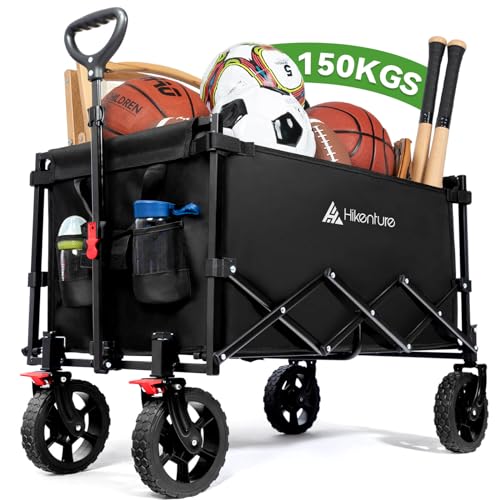 Hikenture Wagon Cart Foldable, 150kgs Large Capacity Folding Wagon, Heavy Duty Utility Grocery Cart with Wheels, 1-Second Setup Collapsible Wagon for Shopping, Garden, Beach, Sports