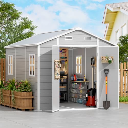 PIPLEO 8x10 FT Resin Outdoor Storage Shed with Floor Plastic Garden Storage Shed with Lockable Door & Vent All Weather Versatile Tool Shed for Backyard Patio Lawn 4 Windows Cloud Gray
