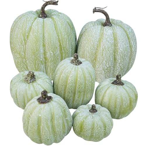 Winlyn 7 Pcs Assorted Sizes Artificial Green Pumpkins Decorative Green Whitewashed Faux Foam Pumpkins for Halloween Thanksgiving Farmhouse Fall Autumn Harvest Home Mantel Table Centerpiece