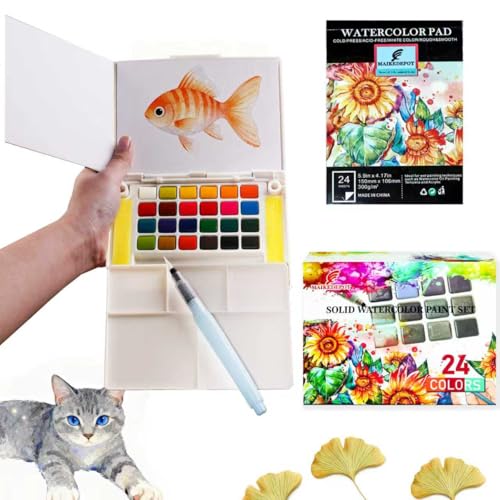 MAIKEDEPOT Graspable Watercolor Paint Set,Vivid Colors Painting Set Travel Paint Set, Compact Size, Watercolor Kit with Water Pen,24 Sheets Watercolor Papers,3 Tutorial Video-24Colors