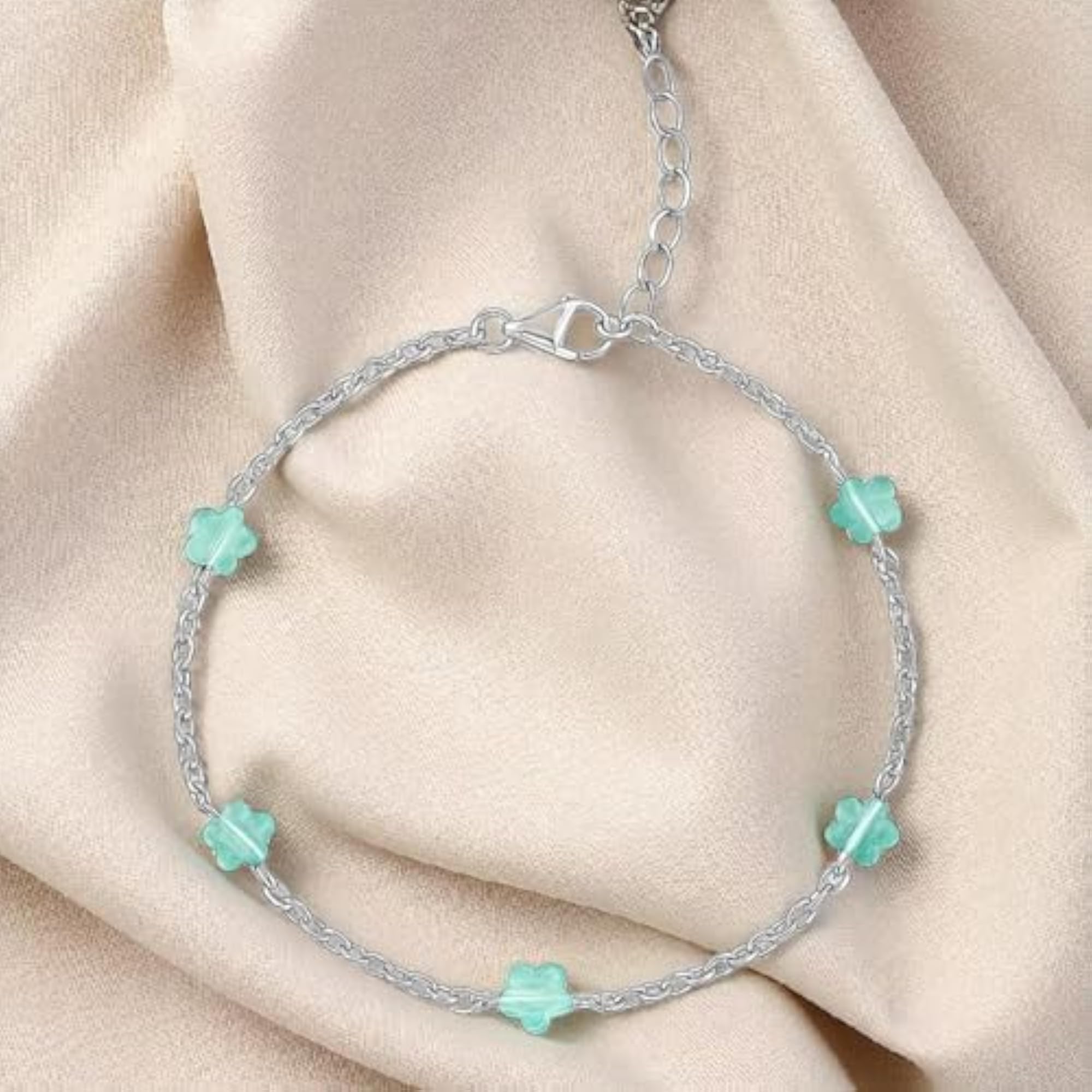 Women's 925 Sterling Silver Single Anklet with Blue Glass Flower Beads