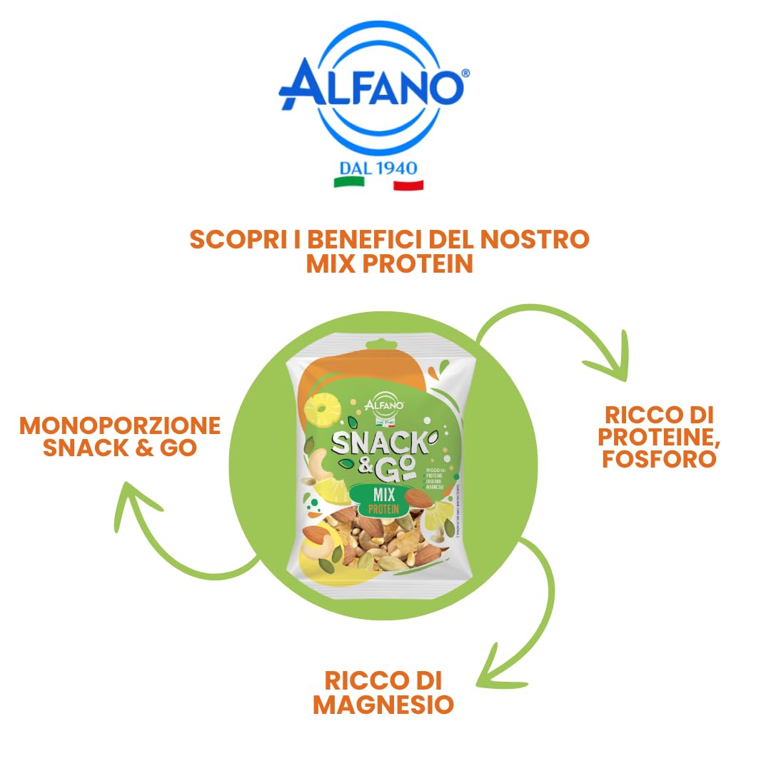 Alfano dal 1940 Mix Protein Snack & Go 20 Pacchetti Monoporzione da 25g Frutta Secca Anacardi Naturali, Ananas Disidratato, Mandorle Sgusciate, Pinoli e Semi di Zucca
